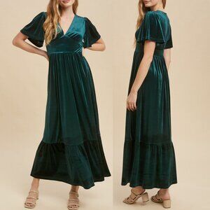Emerald Green Flutter Sleeve Ruffle Velvet Cocktail Formal Maxi Dress 8